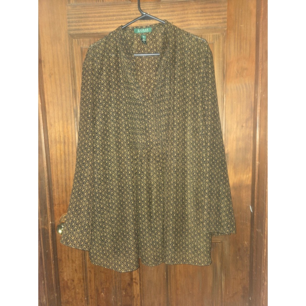 Lauren Ralph Lauren 3X Brown Gold Geometric Tile Print Split Neck Tunic Blouse